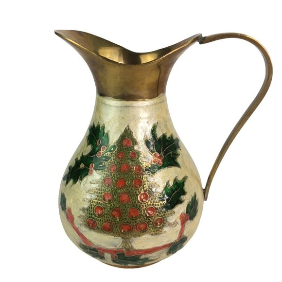 Vintage Christmas Drink Pitcher Tree Holly Cloisonne Holiday Decor Made in India - Picture 3 of 10